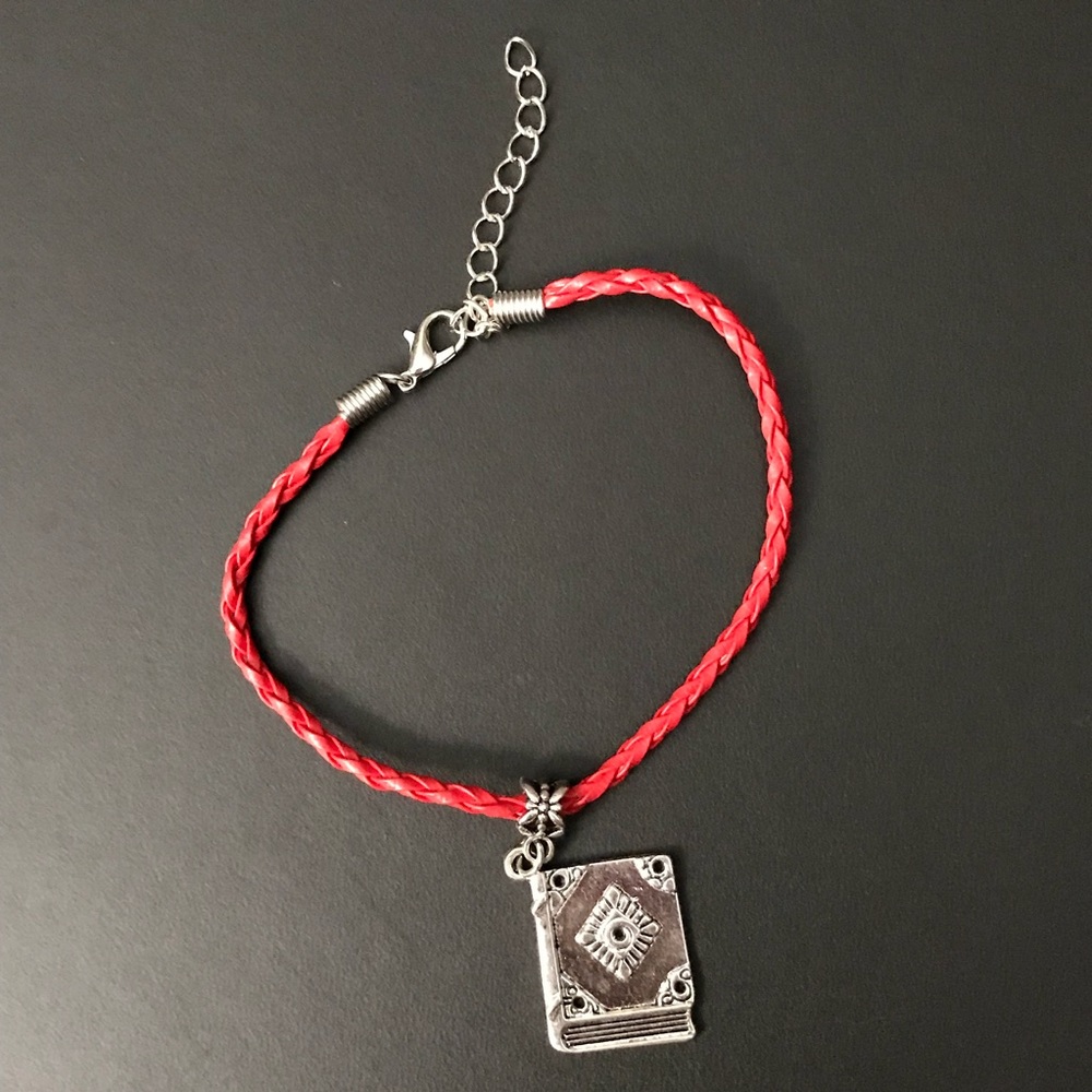 Red Braided Leather Book Charm Bracelet
